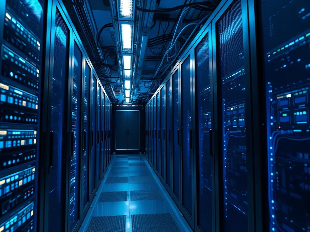 A professional high-tech server room with blue LED lights an