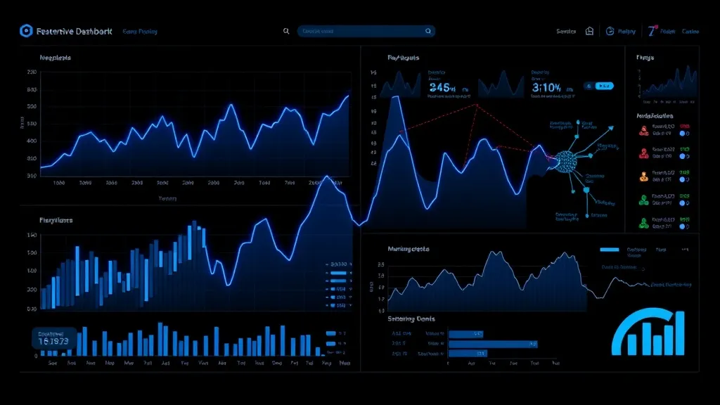 A complex data visualization dashboard with blue line charts