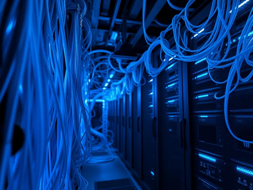 High-tech server room with blue neon lights and fiber optic